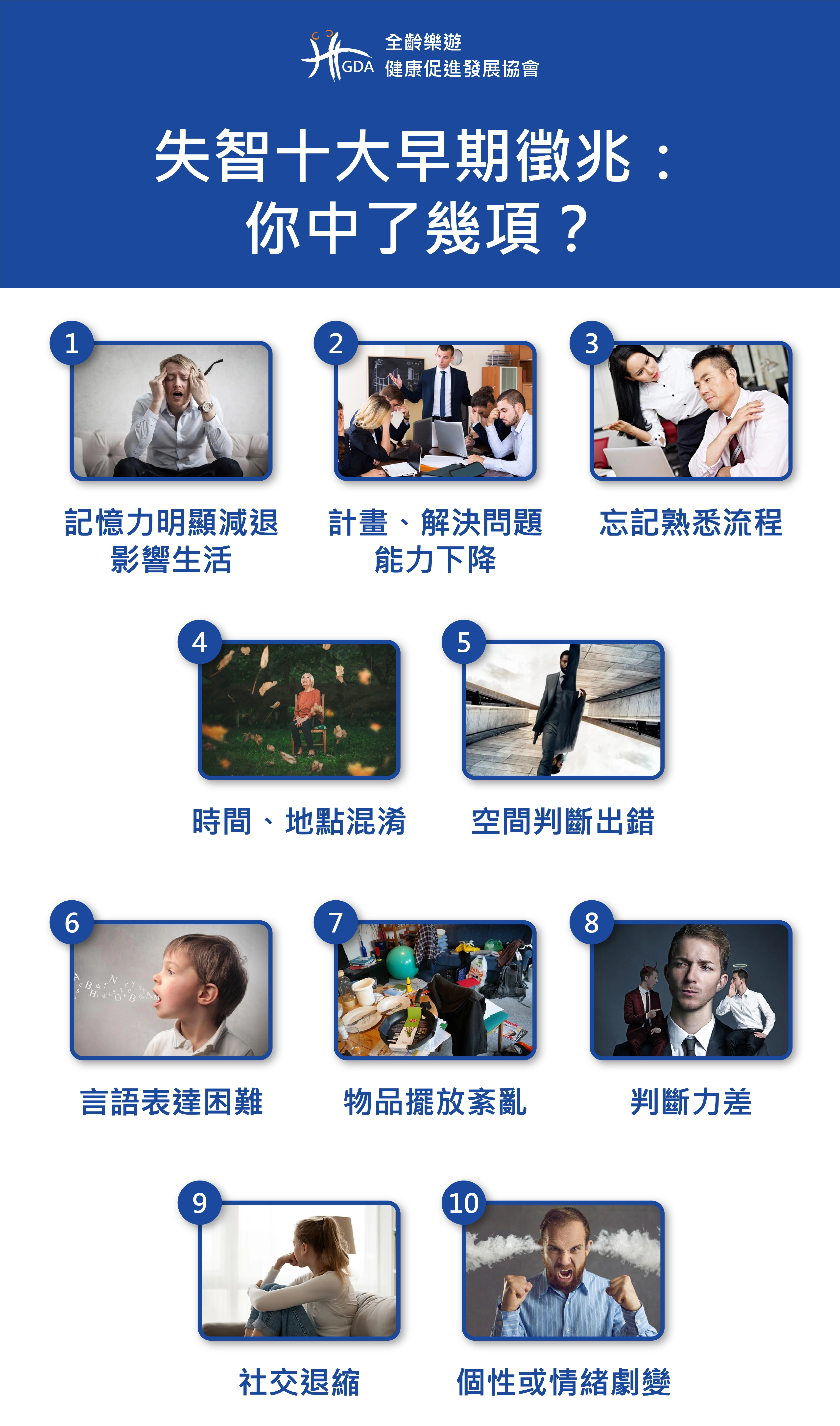 台北市政府與台大醫院列出十大失智症早期警訊。