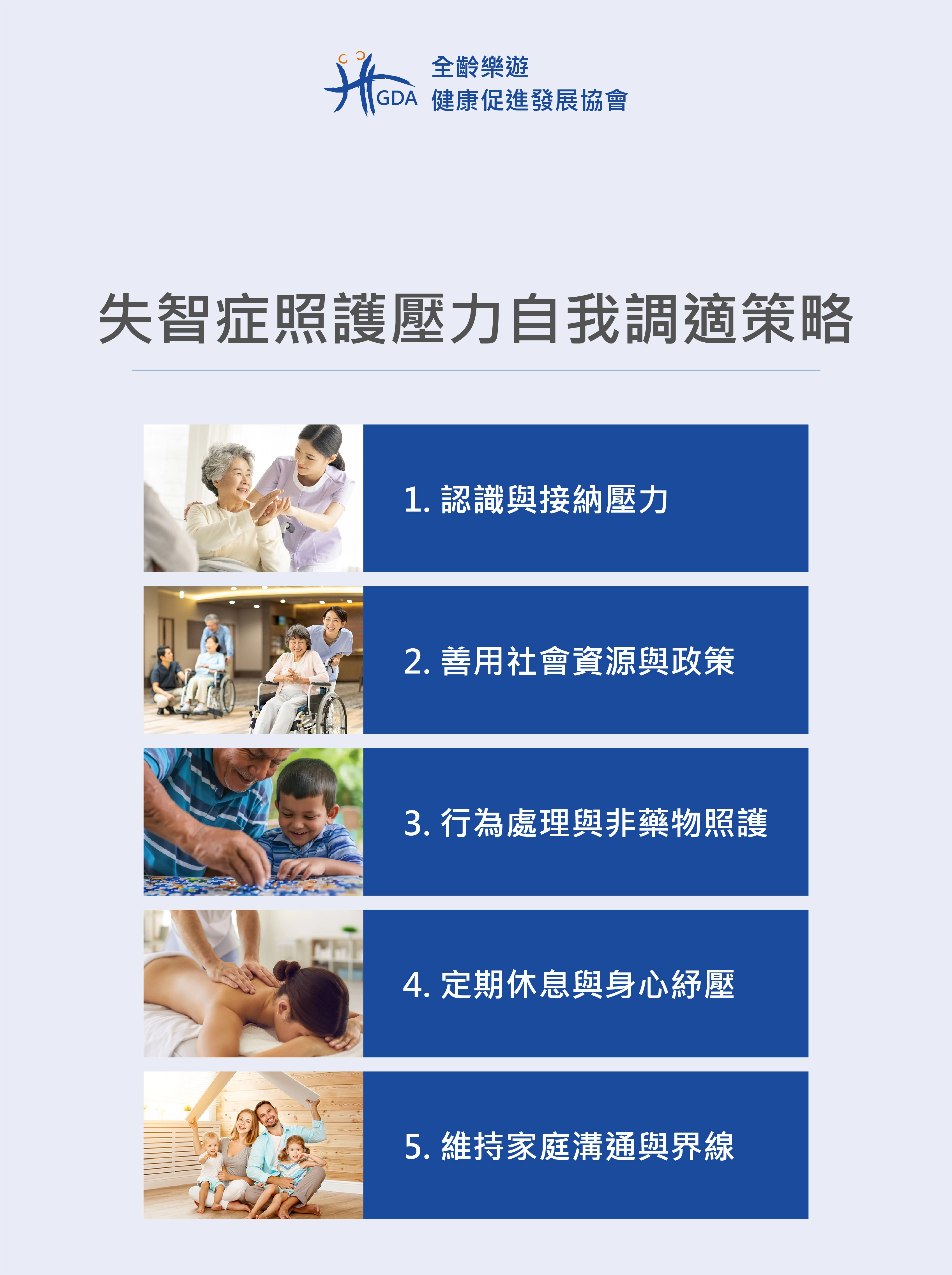 五個指標,失智症照護壓力自我調適策略