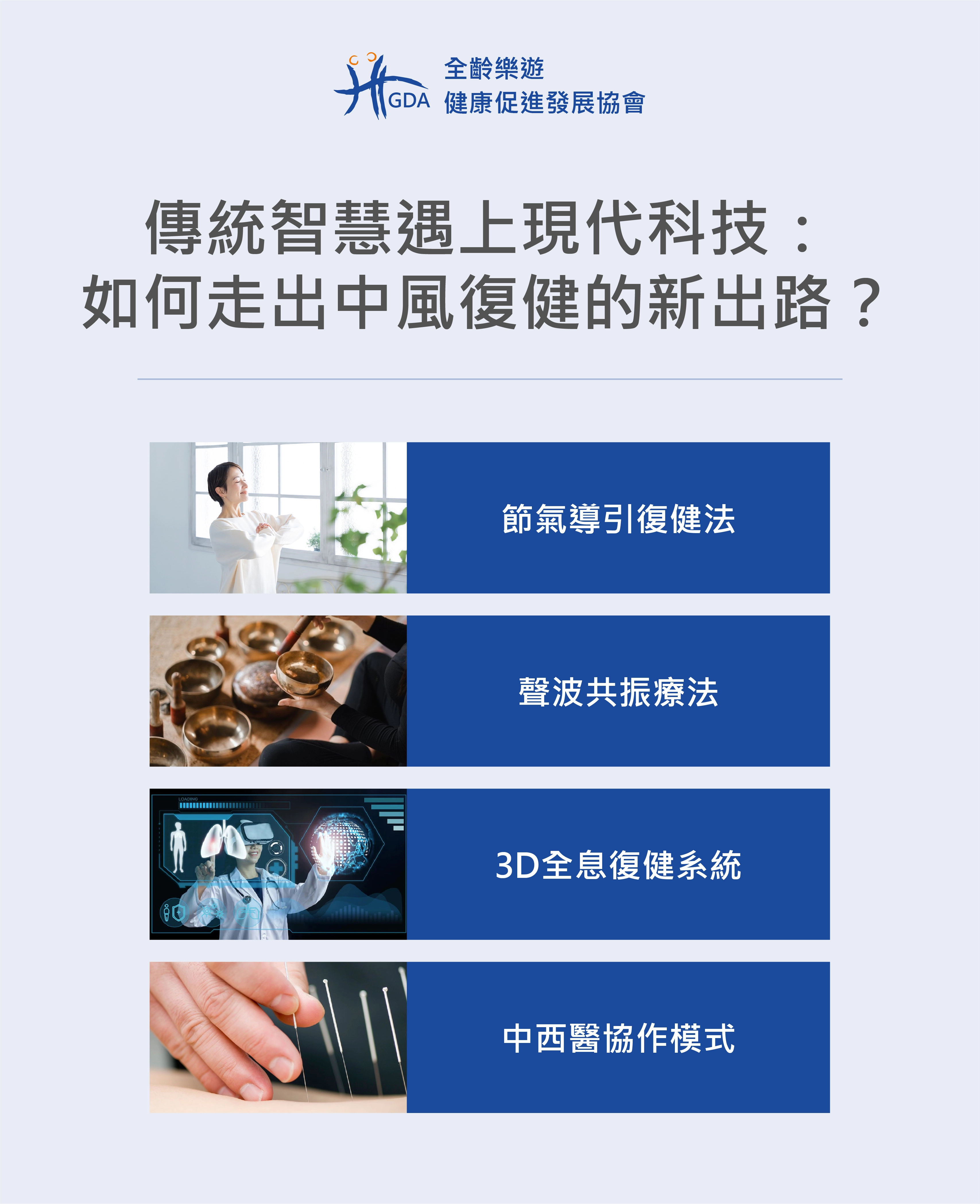 現今社會傳統智慧與現代科技介入後，對於中風治療新的四種方式。