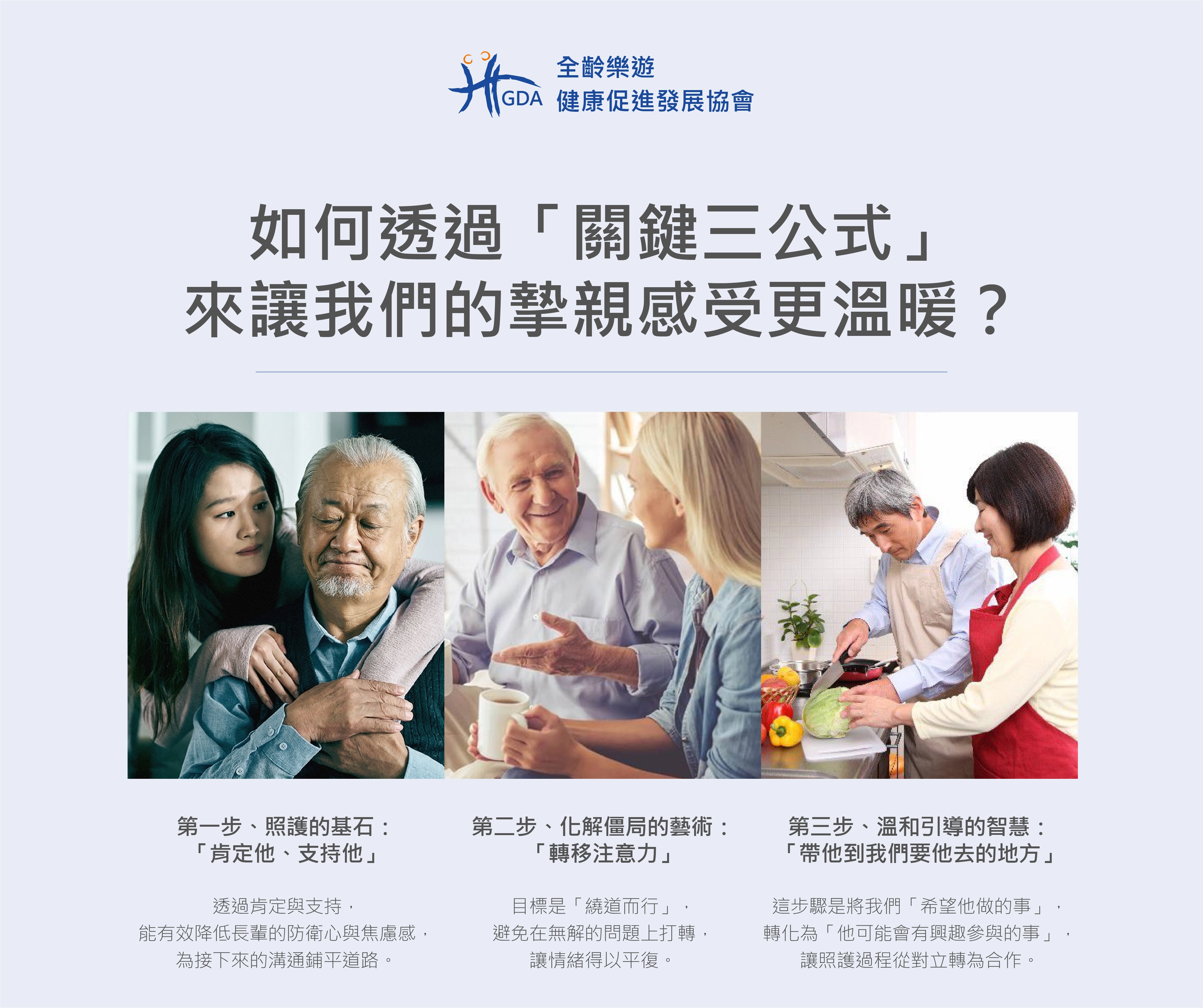 透過「關鍵三公式」，有步驟的引導長輩，讓失智患者更暖心。